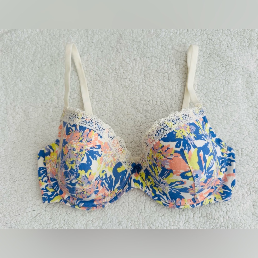 Gilligan & O'Malley Floral Lace Bra Blue, Peach, Yellow Size 36D Cottagecore